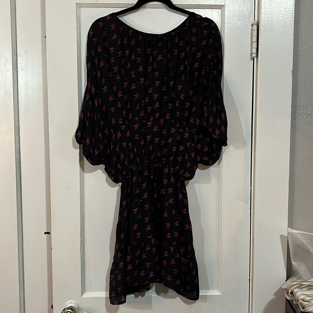 Tucker 100% silk abstract floral paneled and ruffle sheer dress with pockets